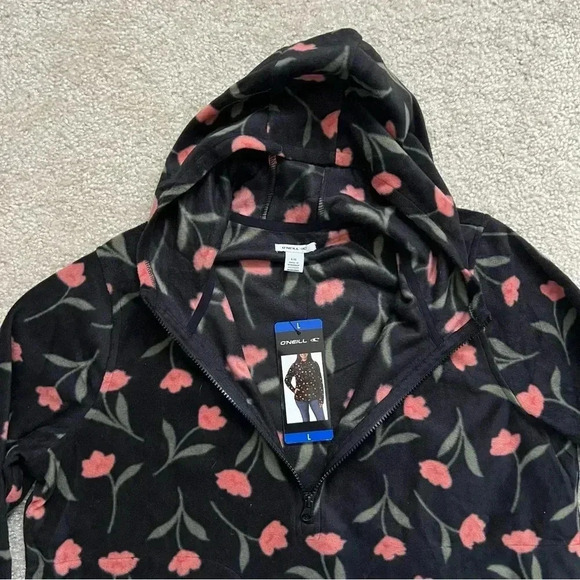 O’NEILL Hooded Top Half Zip Pullover Polar Fleece Flower Print Large Black NEW, - Picture 3 of 16